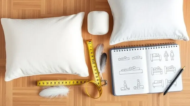 Flat lay art composition featuring a variety of pillow materials like memory foam, latex, and feathers alongside a measuring